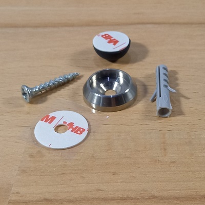 Art. 1116WK: Minipuffer mit Grundkörper aus Edelstahl Ø20mm mit Selbstklebepad, Schraube und Dübel